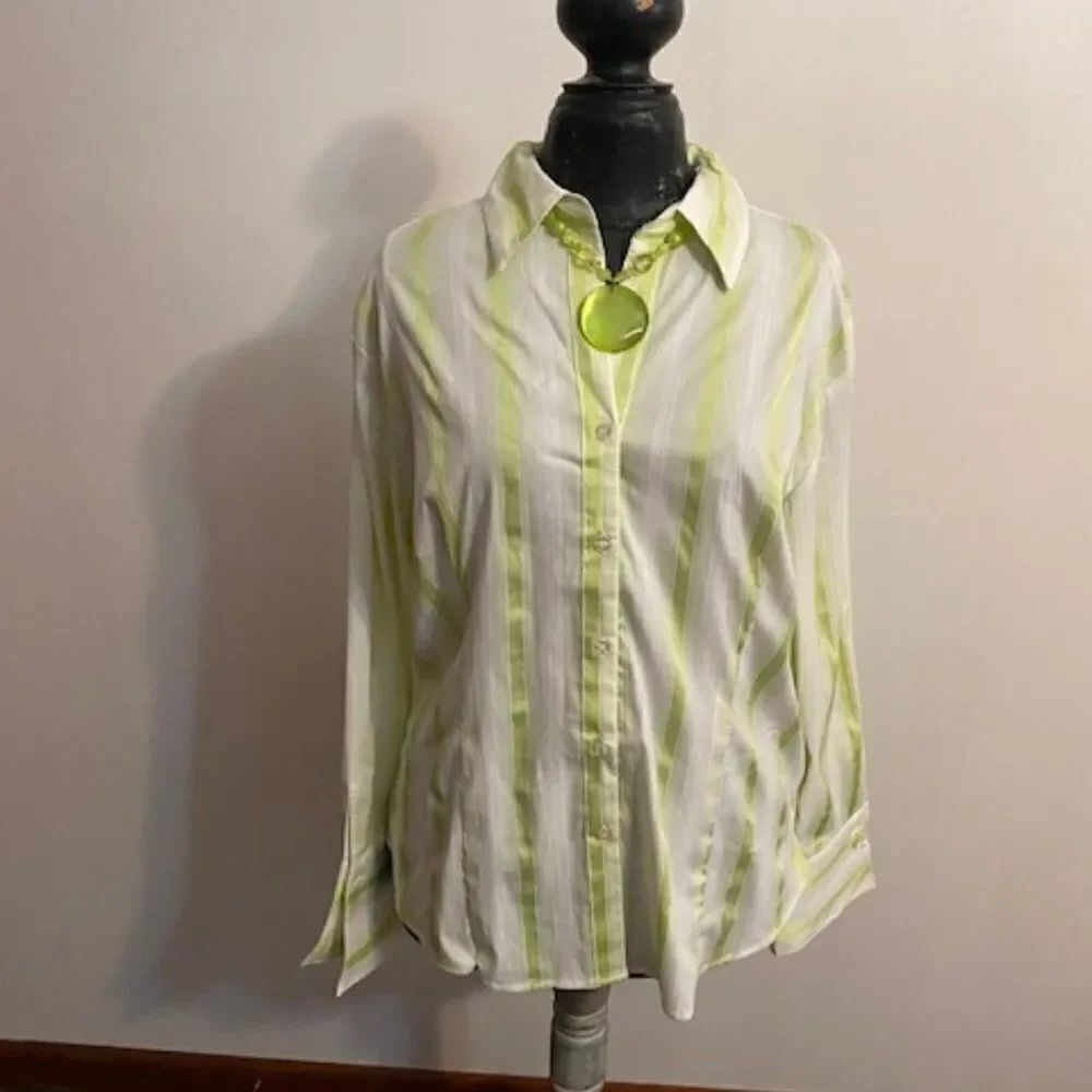 Ashley Stewart Green Satin Ribbon button down blouse, size 16